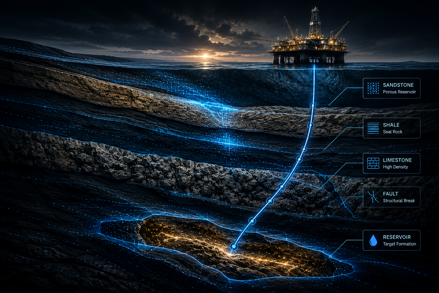 AI geological analysis showing offshore drilling, subsurface rock layers, faults, and a target reservoir